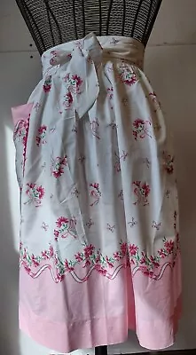 Large Pink Carnations & Bows Handmade Vintage Cotton Tea Apron  • $5