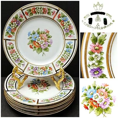 5 Vintage H&C Haas-Czjzek Czech HP Multicolored Flowers Salad Plates Gold Trim  • $19.99