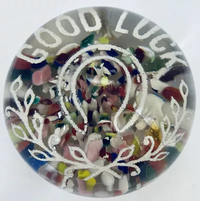 Vintage Millville Good Luck Motto Art Glass Paperweight Ice Pick Flowers 3”W • $67.97