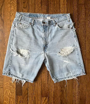 VINTAGE Levis 505 Orange Tab Jean Shorts Men's Size 36 Light Wash Denim Thrashed • $30