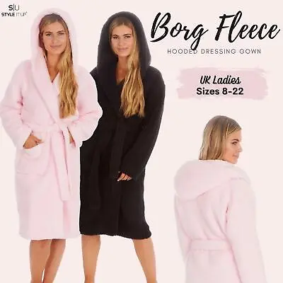 Ladies Womens Luxury Soft Warm Hooded Snuggle Borg Fleece Cosy Dressing Gown • £15.99