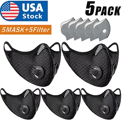 5PACK Reusable Dual Air Valve Cycling Sport Face Mask Cover PM2.5 Carbon Filter • $7.98