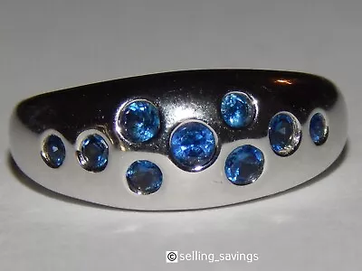 14k Solid White Gold  Blue Sapphire Bezel Flush Set Wide Band Dome Ring Size 5 • $495