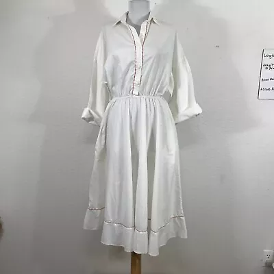 Vintage 80s The American Shirt Dress Size M White Polyester Blend 3/4 Sleeve • $37