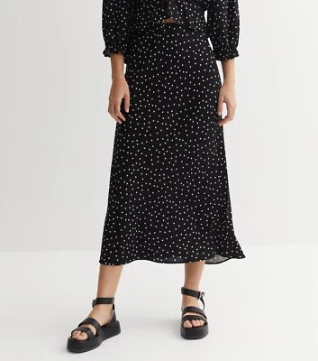 £0.99 • Buy New Look Black Polka Dot Bias Cut Midi Skirt Size 14
