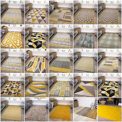 Modern Ochre Mustard Lemon Yellow Rugs Living Room Small Large Geometric Rugs UK • £20.95