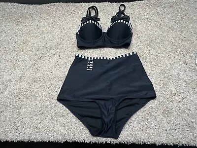 UNIQUE VINTAGE SWIM Bikini Swimsuit Women's Medium Black 2pc Set Beachwear • £14.34