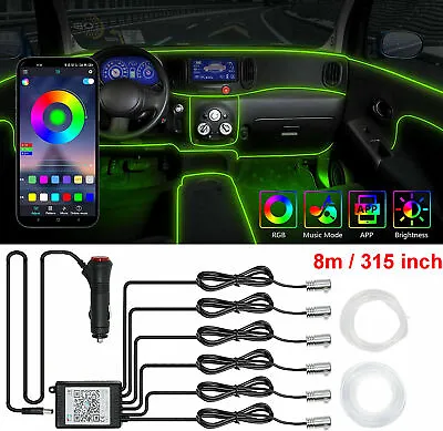 8M RGB LED Car Interior Fiber Optic Neon EL Wire Strip Atmosphere Light Kit APP • $36.99