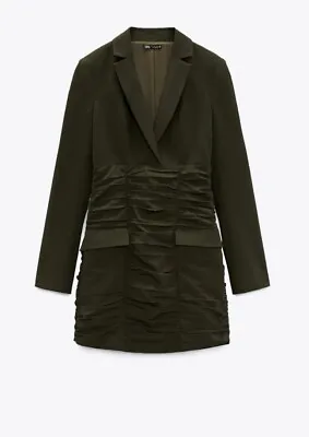 BNWT Zara Ruched Blazer Fitted Wiggle Dress Kark Khaki L Large  • £29.99