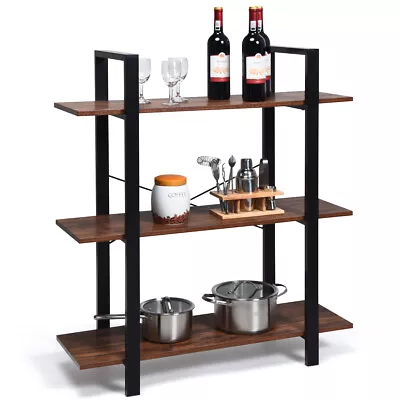 3-Tiers Bookshelf Industrial Bookcases Metal Frame Shelf Display Stand Wooden • $85.99