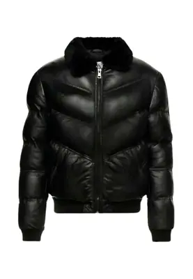 Black Leather Puffer Jacket Fur Collar Real Lambskin Quilted Padded Jacket • $99