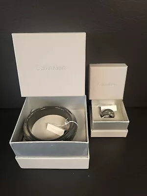 CALVIN KLEIN CK Bangle Ring Silver Black Tone Geometric Honeycomb Bracelet New  • £26.95