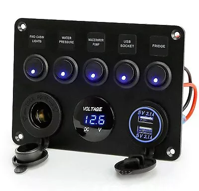 $33.99 • Buy 5 Gang 12V Switch Panel Car Boat ON OFF Toggle Dual USB Socket Charger Voltmeter