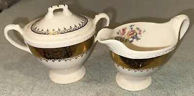 RARE Vtg Homer Laughlin Eggshell Georgian D45N5 Gold Trim Sugar & Creamer • $39.97