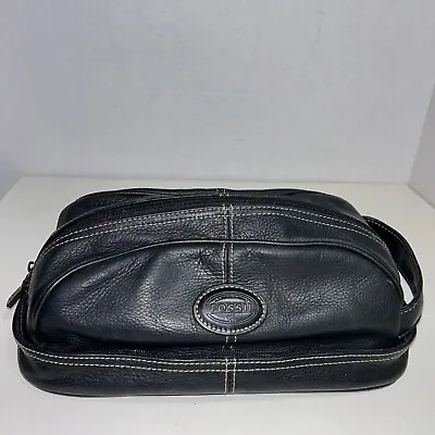 Fossil Black Pebbles Leather Zip Travel Toiletry Shave Bag • $26.95