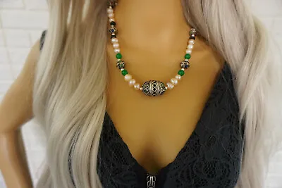 Moroccan Berber Necklace Freshwater Pearl Necklace Emerald Enamel Necklace • $112.46