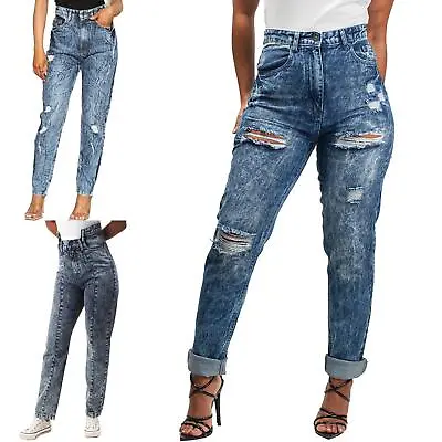 £8.49 • Buy Womens Ladies Distressed High Waist Ankle Ribbed Cotton Denim Jeans UK Plus Size