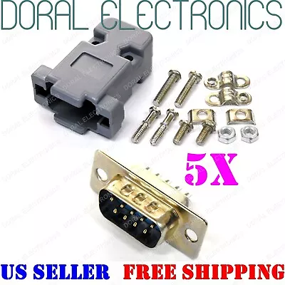 5X DB9 9-Pin Male Solder Cup Connector Plastic Hood Shell & Hardware DB-9 • $12.95