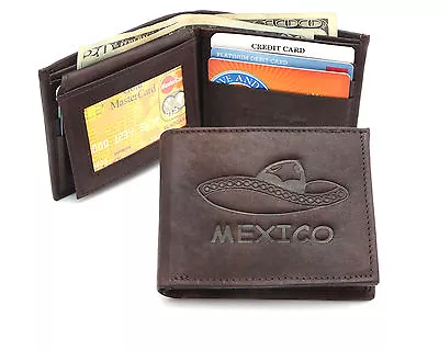 Bifold L Shape Brown Compact Leather Wallet  Mexico  Sombrero Embossed Design  • $12.99