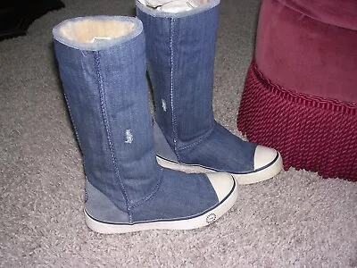 Super Rare Ugg Australia Delaine Distressed Denim Converse Shearling Fur Boot • $99