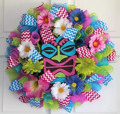 Tiki Mesh Wreath Summer Luau Totem Door Decor • $55