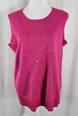 Quacker Factory  QVC Womens Sleeveless Top Pink Sparkly Sequins Ramie Cotton 1X • $14.99