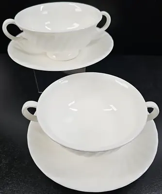 2 Minton White Fife Cream Soup Bowls Saucers Set Vintage Swirl England Dish Lot • $46.87