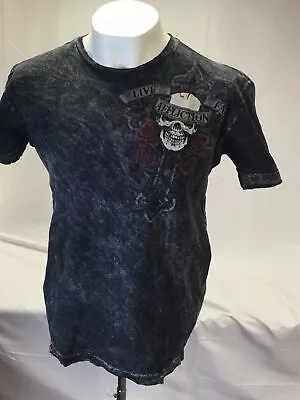 Affliction T-Shirt Men's Large Skull Cross Wings Roses Black Tie Dye Distress • $16.63