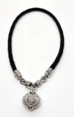 Judith Ripka Sterling & Diamonique CZ  Heart Pendant On 18  Leather Necklace • $85