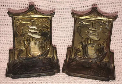 Antique 1920s Pompeian Bronze Co The Quest Bookends Japanese Pagoda Men At Sea • £91.56