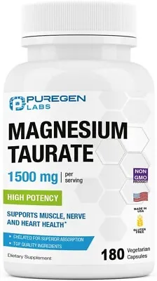 Puregen Labs Magnesium Taurate 1500mg Per Serving High Potency 180 Veggie Caps • $21.95