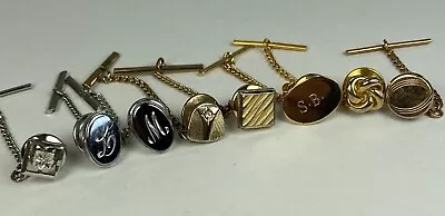 Various Styles Silver & Gold Tone Tie Tacks With Bar & Chain Lot Of 8 • $21.60