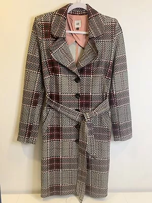 CABI Plaid Trench Coat Women S Mid Length Belt Pockets Stretch Knit Pink Purple • $26.25