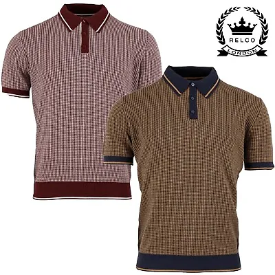 Relco Fine Gauge Knit Polo Shirt Jacquard Dogtooth Weave Knitted Mod Retro Mens • £39.99