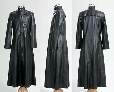 Matrix Neo Long Black Leather Jacket Trench Coat Halloween Costume Cosplay • £138.20