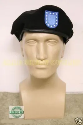 US Military Wool ASU Uniform Beret W/ Army Blue Flash Patch Black Size 8 NIB • $14.90