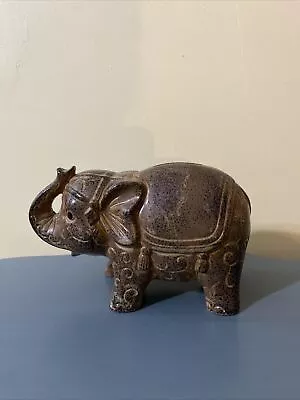 Vintage OMC Potteries Elephant Piggy Bank 1960's Japan Brown Stoneware Pottery • $39