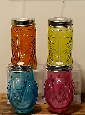 Set Of Four Tiki Tucan Mason Jar Glasses With Screw-On Lids And Straw Holes • $21.86