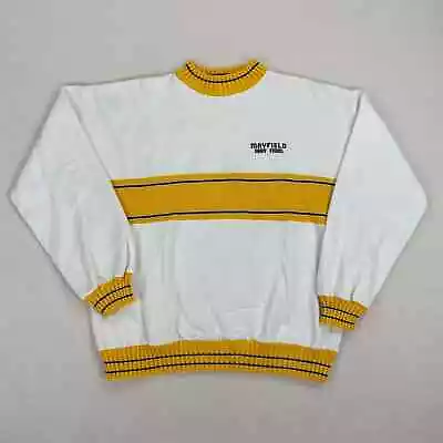 Vintage Mayfield Dairy Sweatshirt Sz Large White Yellow Knit Detail Crewneck 90s • $49.95