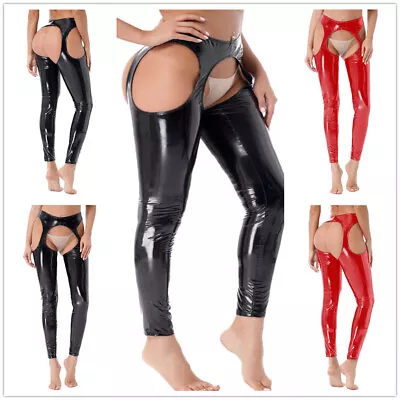 US Sexy Womens Shiny Leather Wet Look Thigh-High Tights Suspender Pants Clubwear • $16.24