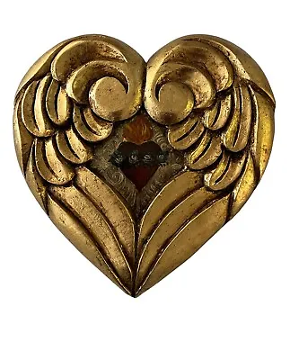 SACRED HEART With Wings Winged Mexican Corazon. Angel Wings Heart Gold Leaf 9  • $69