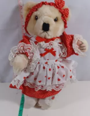 Teddy Bear Jointed Brown Plush Stuffed Animal 12 Inch Dress Red/white Hearts • $8