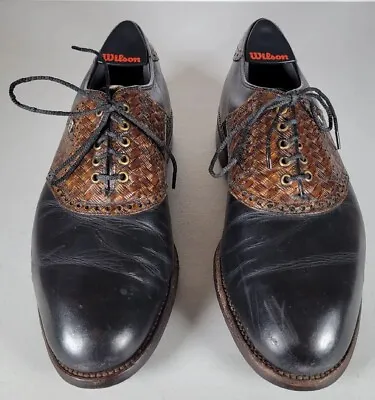 Vintage Footjoy Classics Dry Leather Black Brown Woven Golf Shoes Mens Sz 8 D • $54.97