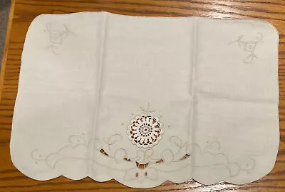 2 Madeira Linen Ecru & Taupe Placemats Hand Embroidery Cutwork Flowers Vtg • $10.39