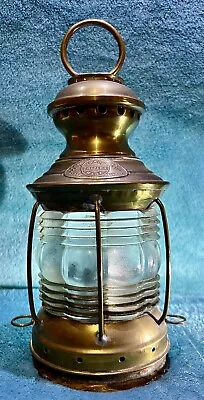 ANTQUE BRASS MARINE LAMP GEO.B. CARPENTER & CO With Clear FRESNEL Glass Dec 1910 • $219