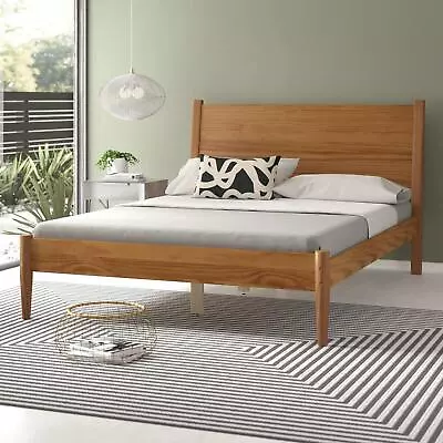 Brown Finish Pine Wood Mid-Century Style Queen Size Panel Bed • $539.77