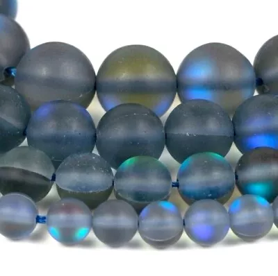 Matte Gray Mystic Aura Round Beads 15  Strand Frosted Mermaid Glass Moonstone • $5.40