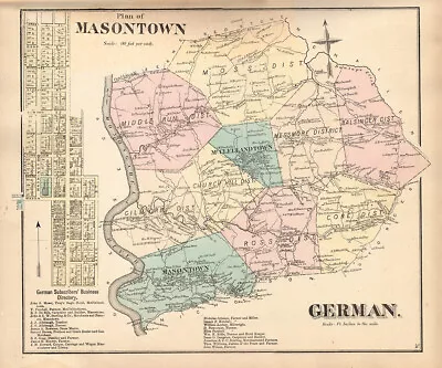 1872 Map Of German Township Fayette County PA Masontown • $24