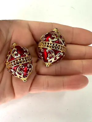 $55 • Buy Ben Amun Clip On Earrings Glossy Red Enamel Imperial Royal Ornate Stud
