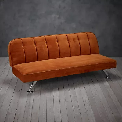 Brighton 3-seater Orange Sofa Bed Couch Velvet Upholstered Sleeper Guest Bed • £249.99